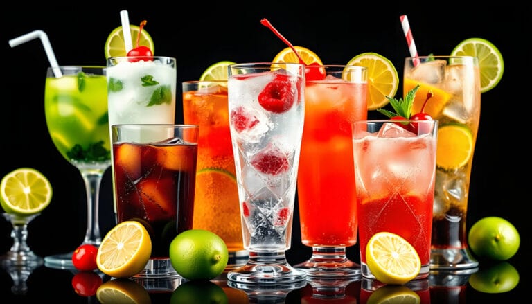a group of glasses filled with different types of drinks and gar