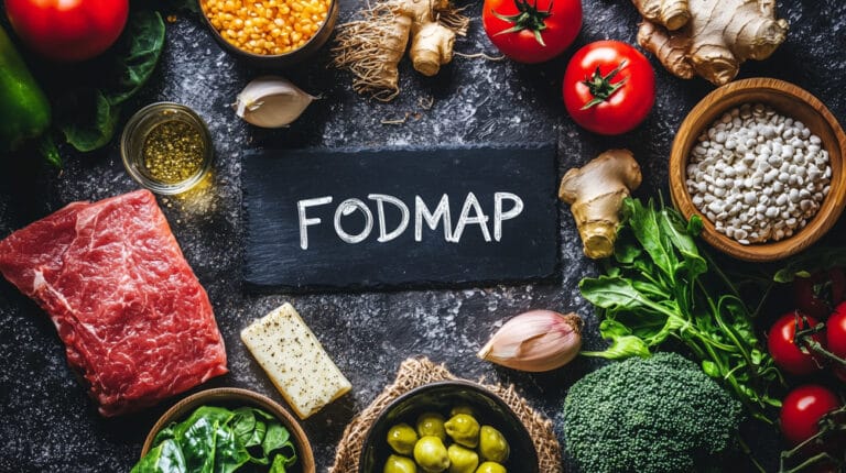 fodmap diet concept with fresh ingredients like meat, vegetables