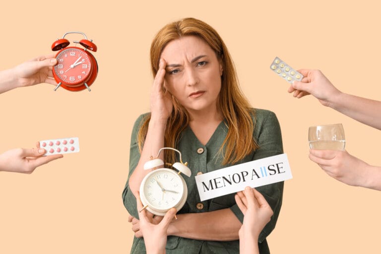 mature woman experiencing menopause and hands with things on bei