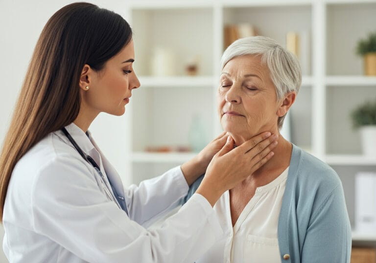 a female doctor examines an elderly woman's thyroid gland in a bright medical office