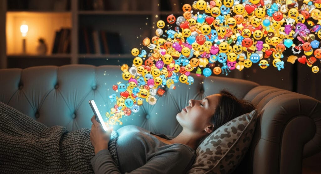 person on couch engrossed in phone with emojis erupting